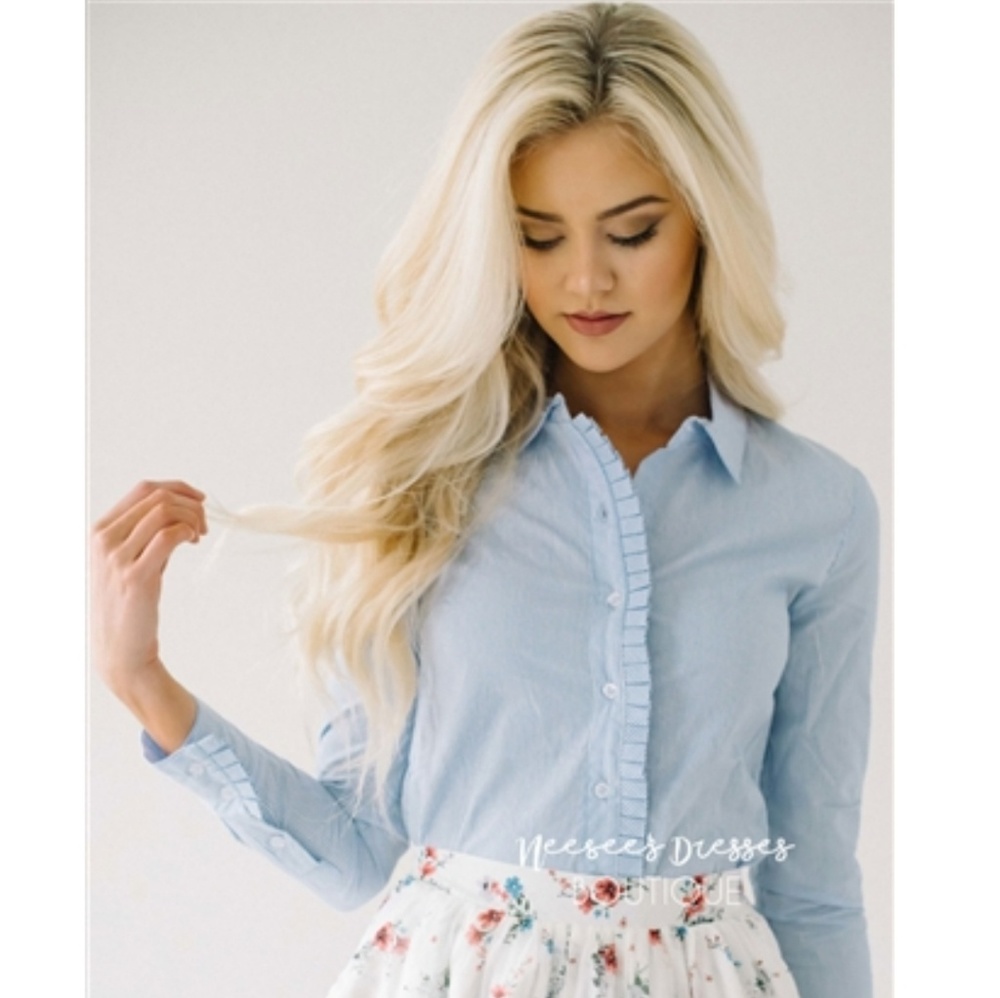 NWT Blue Pinstripe Button-down with Ruffle detail